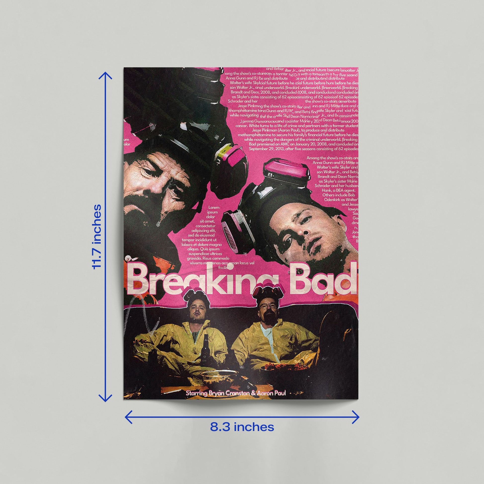 Breaking Bad pink collage art canvas leaning against a wall in a room featuring Walter White and Jesse Pinkman in gas masks.