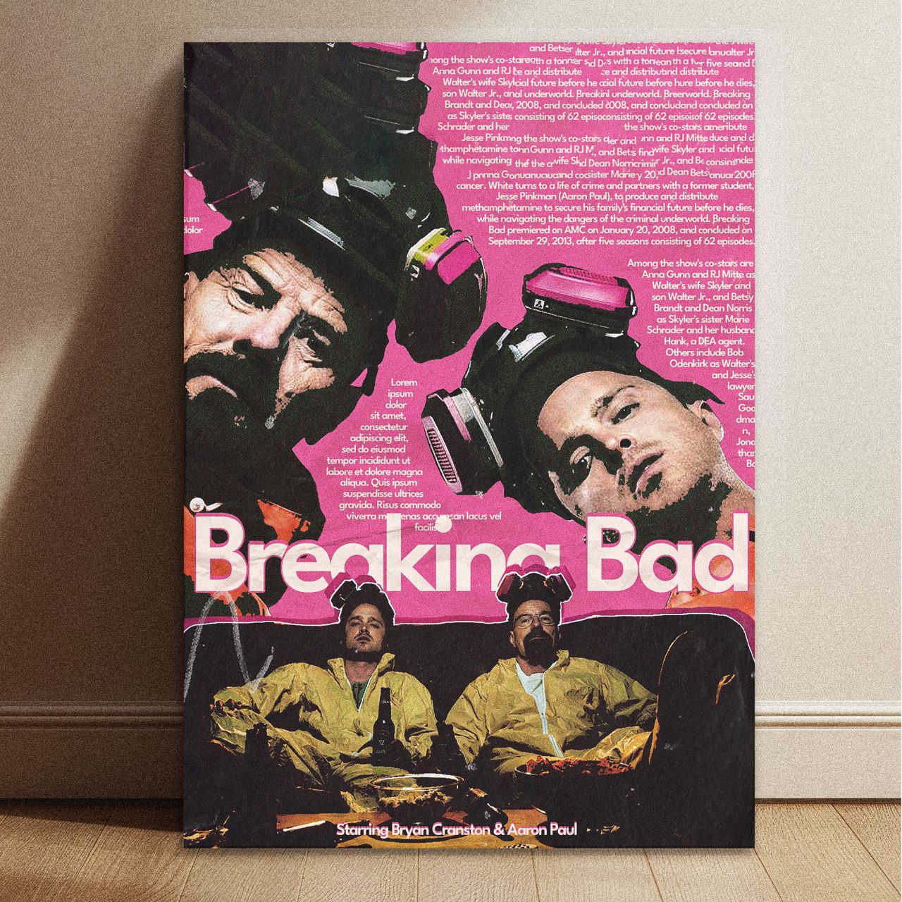 Breaking Bad pink collage art poster with 11.7 by 8.3 inch dimensions featuring Walter White and Jesse Pinkman in gas masks.