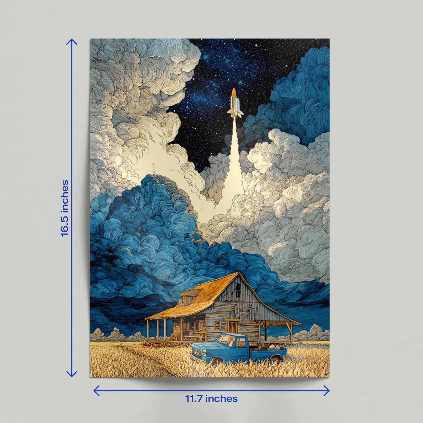 Hand holding a surreal cosmic farmhouse poster depicting a space shuttle ascending over a rural landscape.