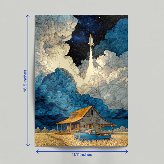 Hand holding a surreal cosmic farmhouse poster depicting a space shuttle ascending over a rural landscape.