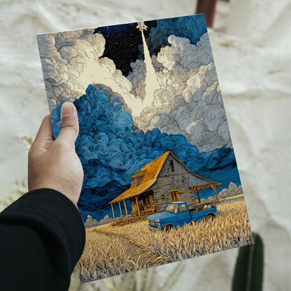 Surreal space art poster of a rocket launch over a farmhouse and blue truck with dimensions 11.7 by 16.5 inches.