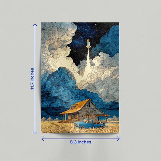 Surreal cosmic farmhouse rocket launch art poster displayed leaning against a wall in a modern home interior.