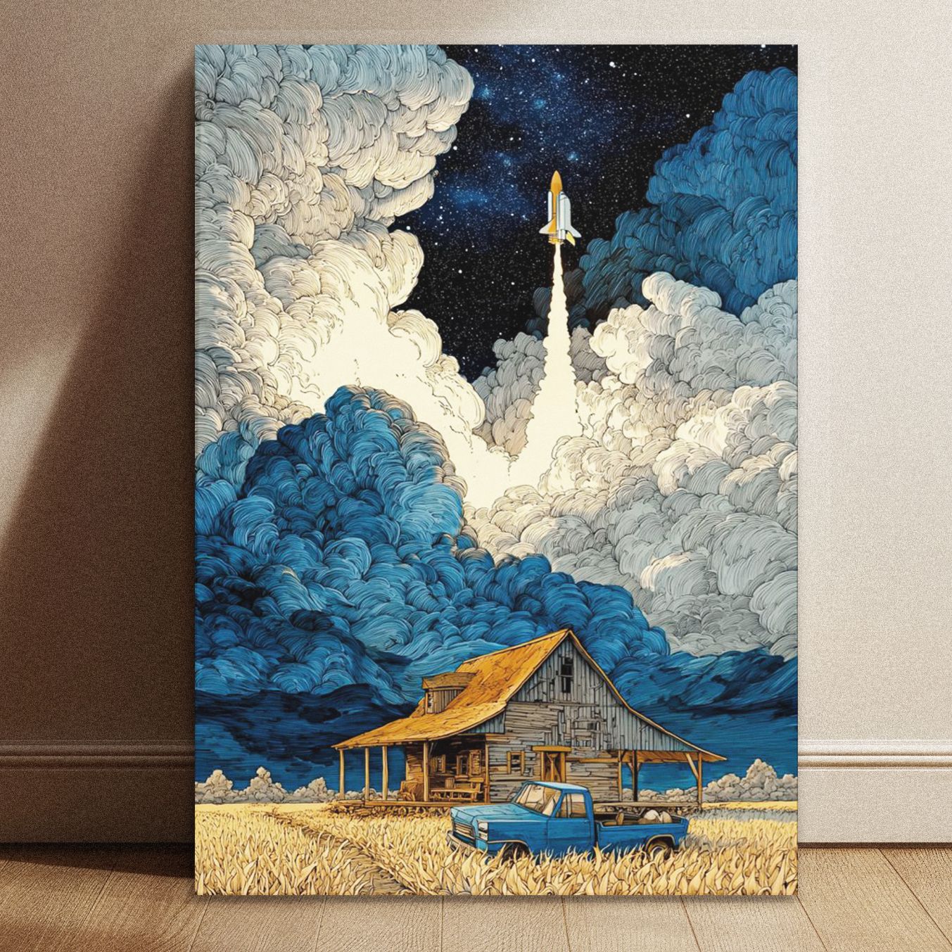 Cosmic farmhouse rocket launch wall art print featuring stylized clouds and night sky with dimensions 8.3 by 11.7 inches.
