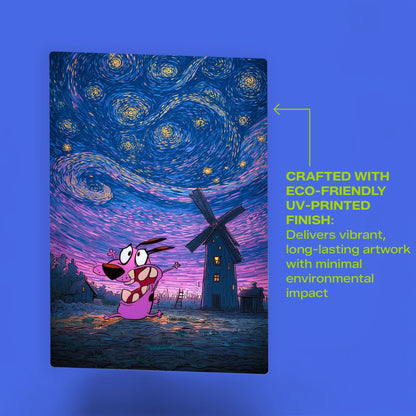 Vibrant eco-friendly UV-printed Courage the Cowardly Dog Starry Night metal poster with long-lasting artwork and minimal environmental impact.