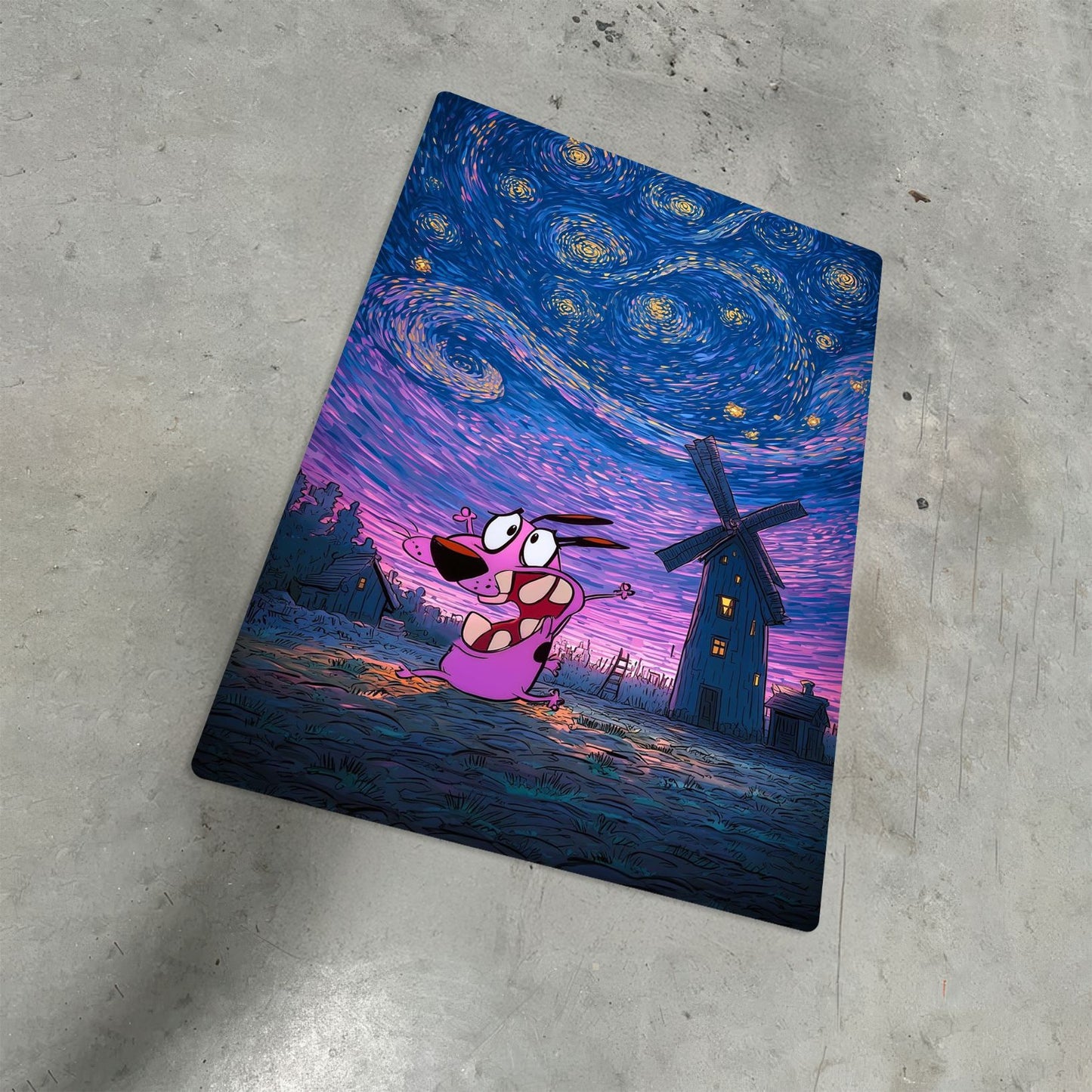 Courage the Cowardly Dog metal poster featuring a Starry Night art style mashup placed on a textured concrete surface.