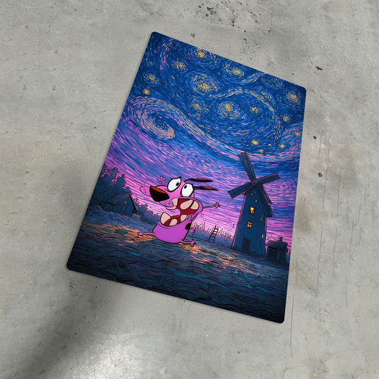 Courage the Cowardly Dog metal poster featuring a Starry Night art style mashup placed on a textured concrete surface.