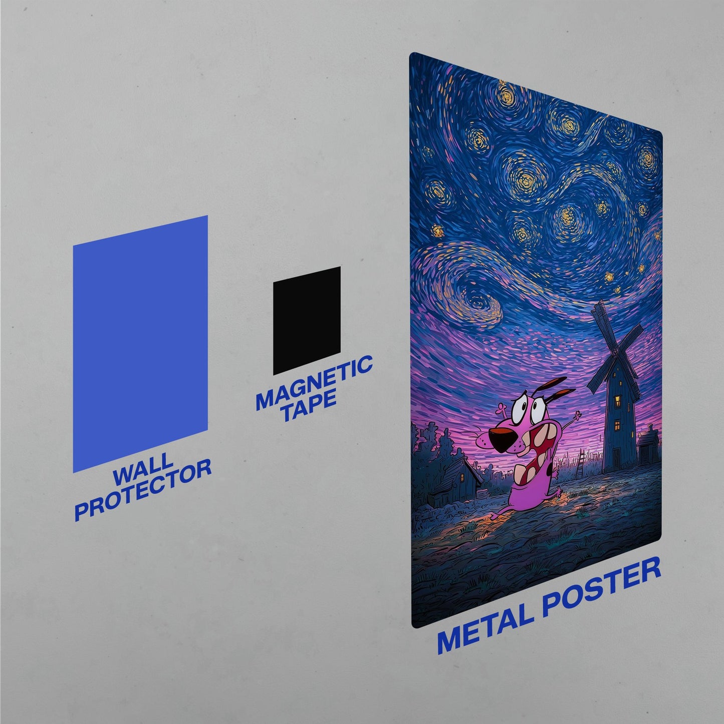 Easy installation guide for Courage the Cowardly Dog metal poster showing the wall protector, magnetic tape, and mounted art.