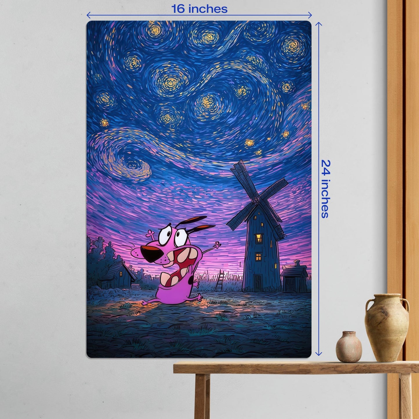Large 16x24 inch Courage the Cowardly Dog Starry Night metal poster displayed on a white wall above a wooden table.