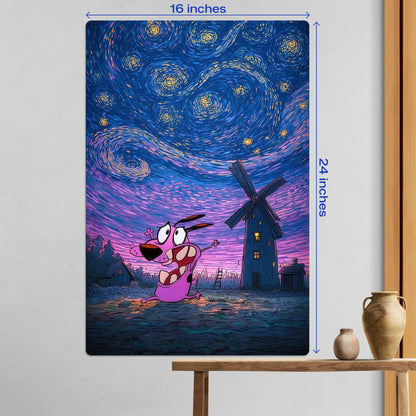 Large 16x24 inch Courage the Cowardly Dog Starry Night metal poster displayed on a white wall above a wooden table.