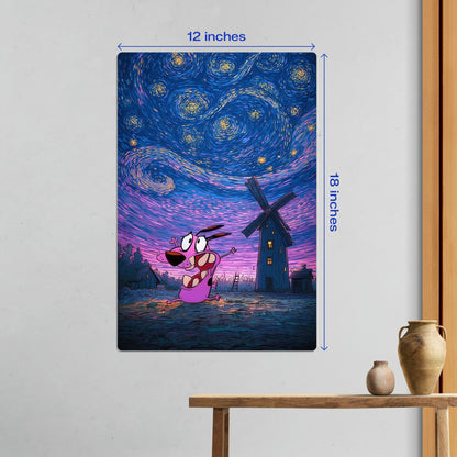 Medium 12x18 inch Courage the Cowardly Dog Starry Night metal poster mounted on a wall to demonstrate dimensions and scale.