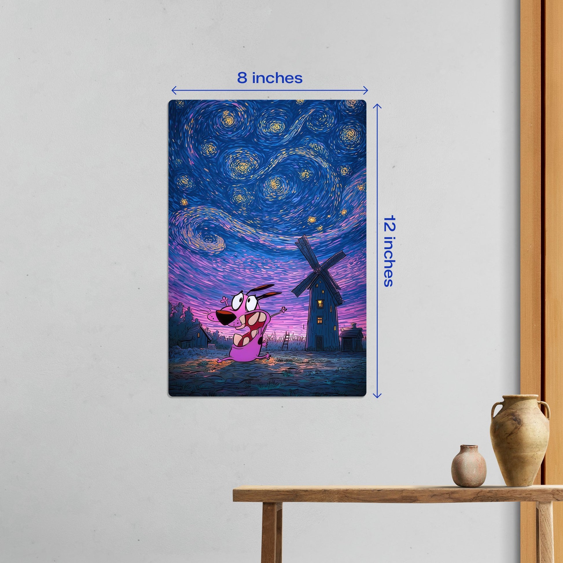 Small 8x12 inch Courage the Cowardly Dog Starry Night metal poster shown in a home interior setting for size comparison.