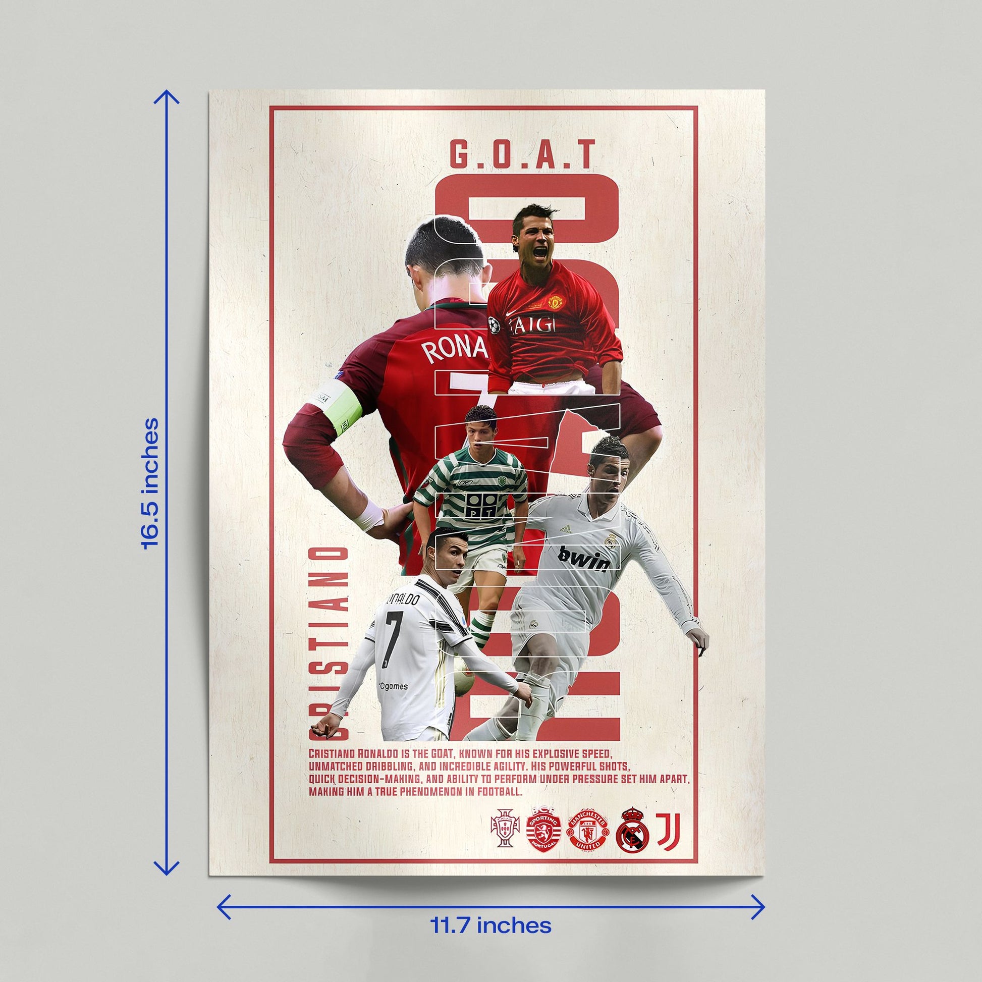 Cristiano Ronaldo GOAT tribute art print with career statistics and team logos leaning against a neutral wall.