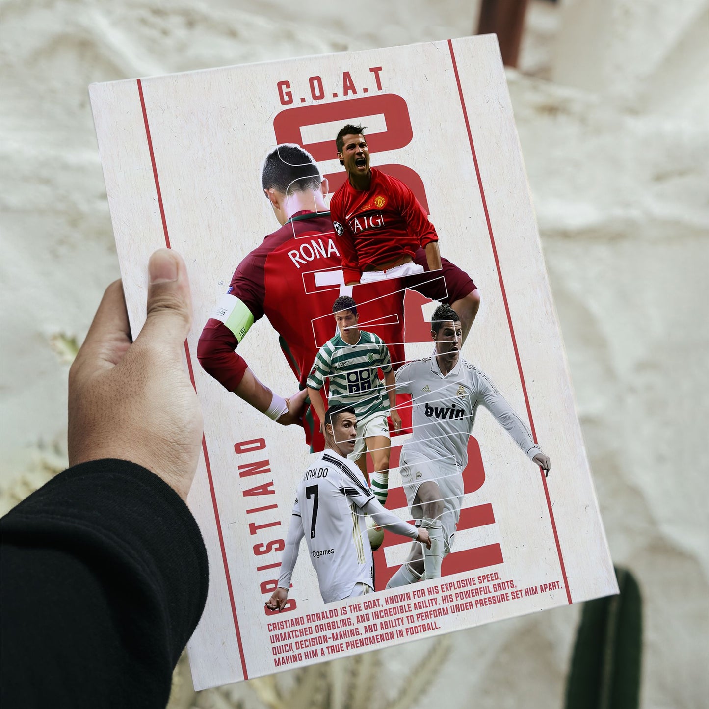Cristiano Ronaldo legacy GOAT poster collage with Manchester United and Real Madrid jerseys measuring 8.3 by 11.7 inches.