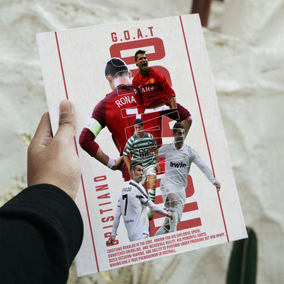 Cristiano Ronaldo legacy GOAT poster collage with Manchester United and Real Madrid jerseys measuring 8.3 by 11.7 inches.