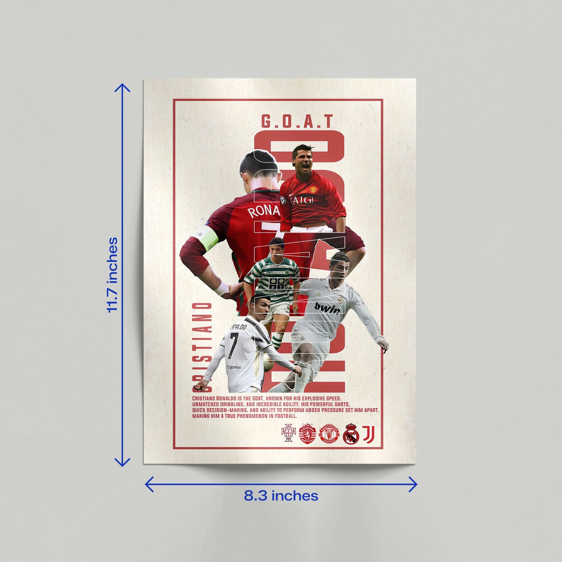 Large 11.7 by 16.5 inch Cristiano Ronaldo legacy poster showcasing his iconic number 7 and multiple club jerseys.