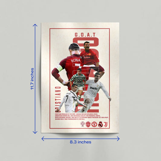 Large 11.7 by 16.5 inch Cristiano Ronaldo legacy poster showcasing his iconic number 7 and multiple club jerseys.