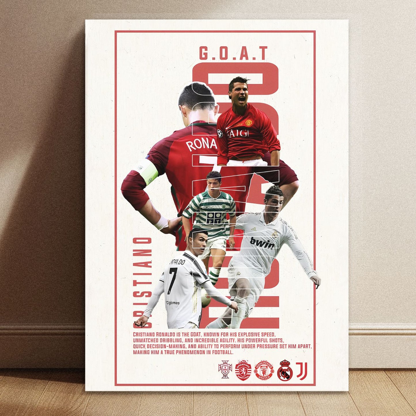 Hand holding a Cristiano Ronaldo career tribute poster featuring Juventus and Sporting CP kits against a natural background.