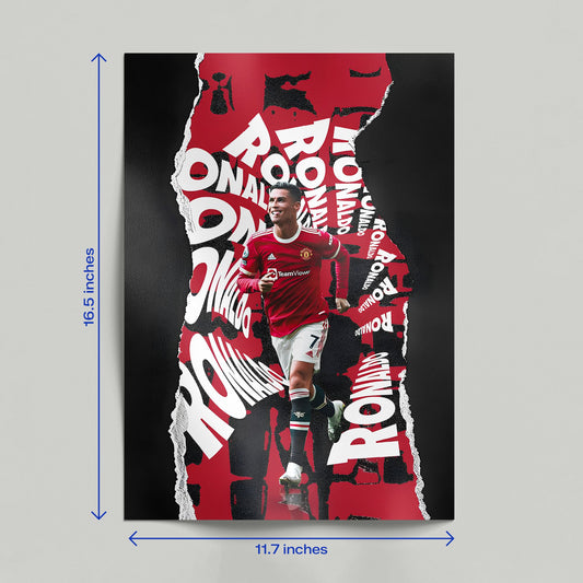 A hand holding the Cristiano Ronaldo Manchester United typography poster to demonstrate the high-quality print and paper texture.
