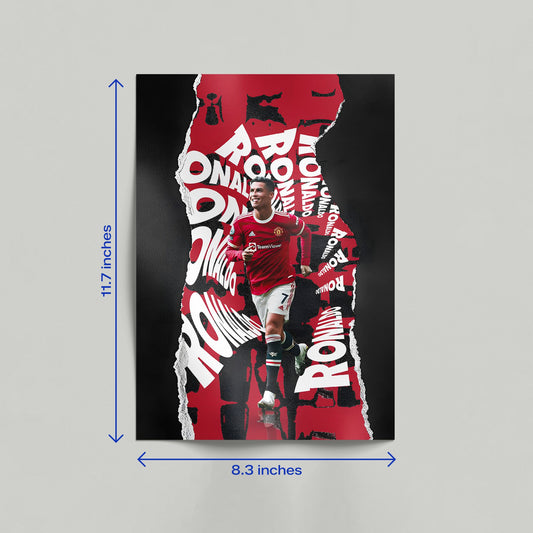 Cristiano Ronaldo Manchester United typography poster as a canvas print leaning against a modern wall for home decor inspiration.