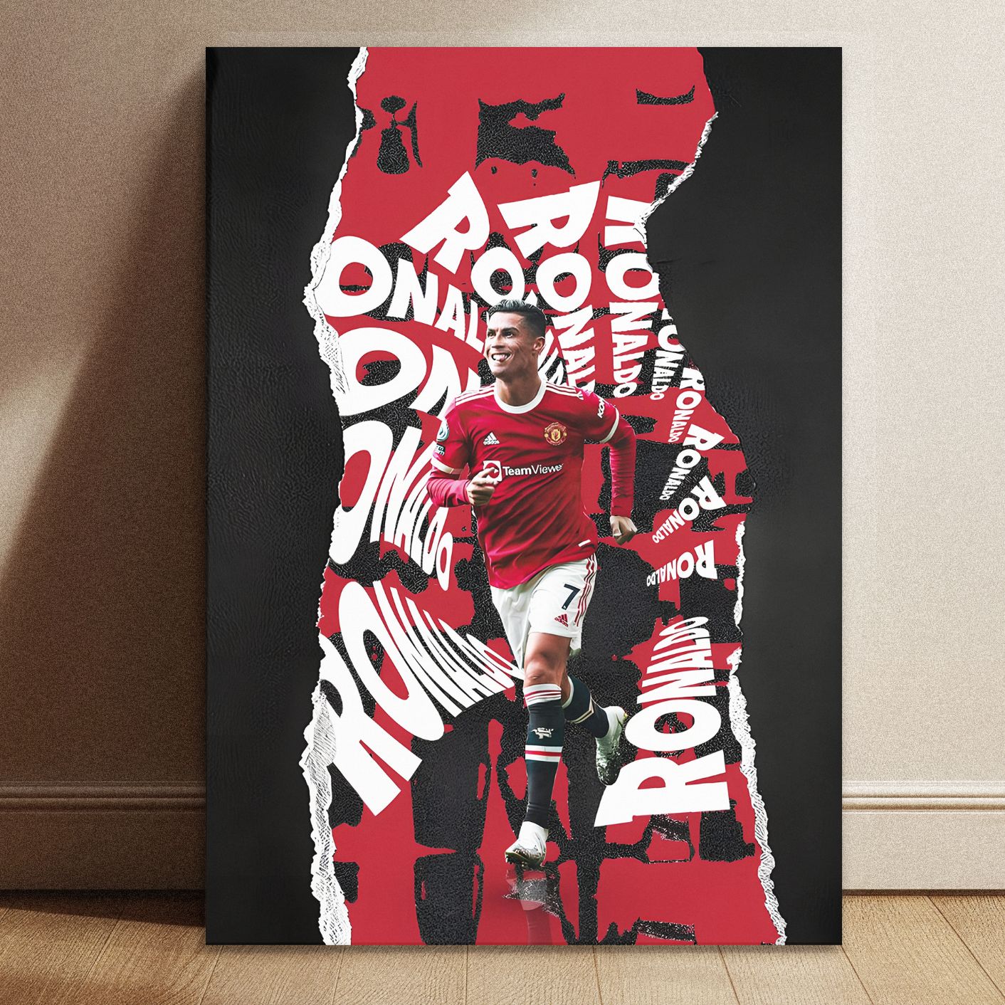 Cristiano Ronaldo Manchester United tribute poster showcasing iconic goal celebrations and typography design with dimensions of 11.7 by 8.3 inches.
