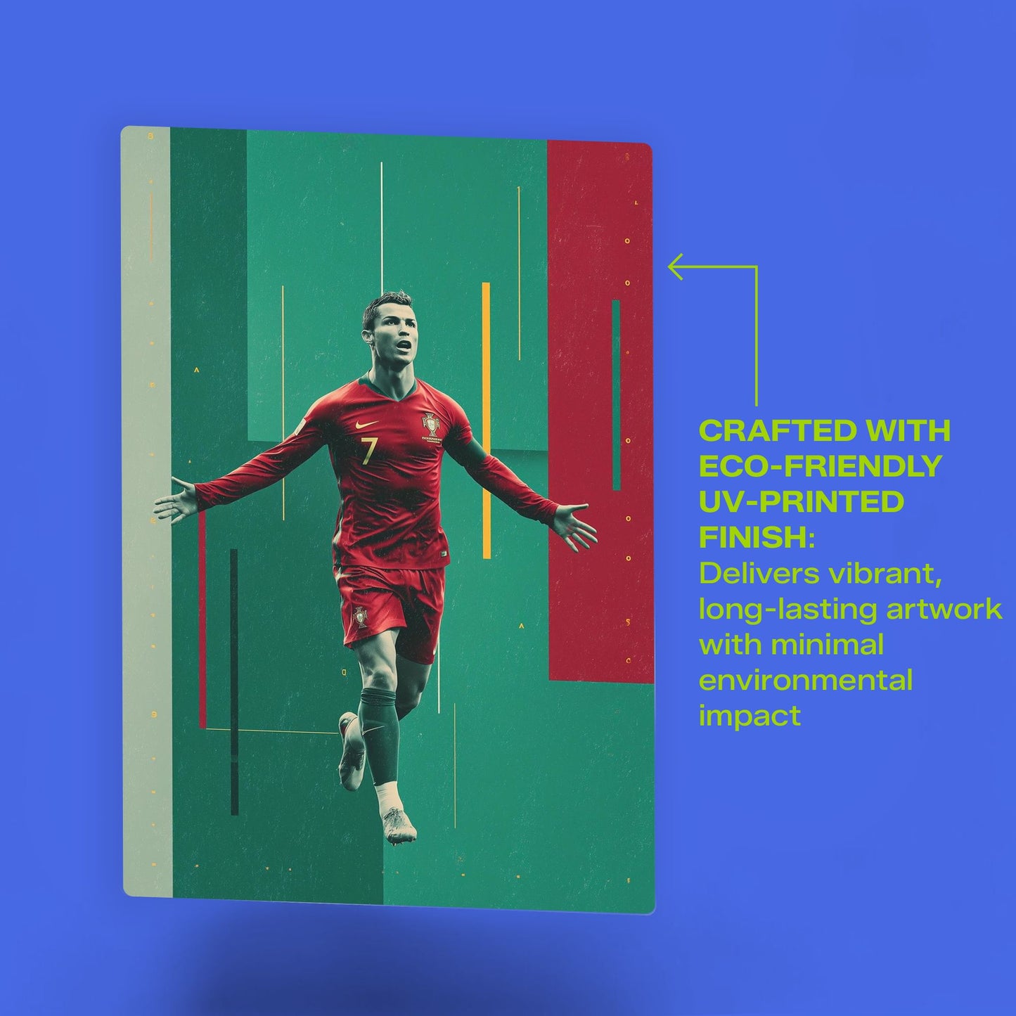 Cristiano Ronaldo Portugal football legend metal poster featuring eco-friendly UV-printed finish and vibrant artwork