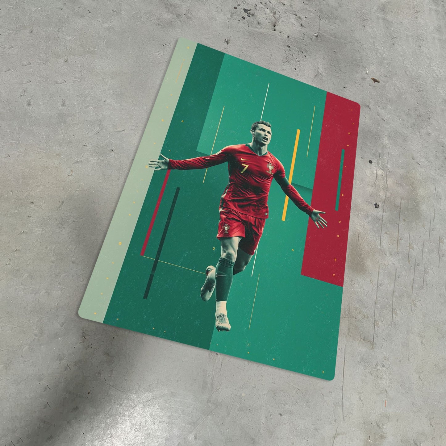 Cristiano Ronaldo Portugal football legend metal poster artwork on a concrete floor background