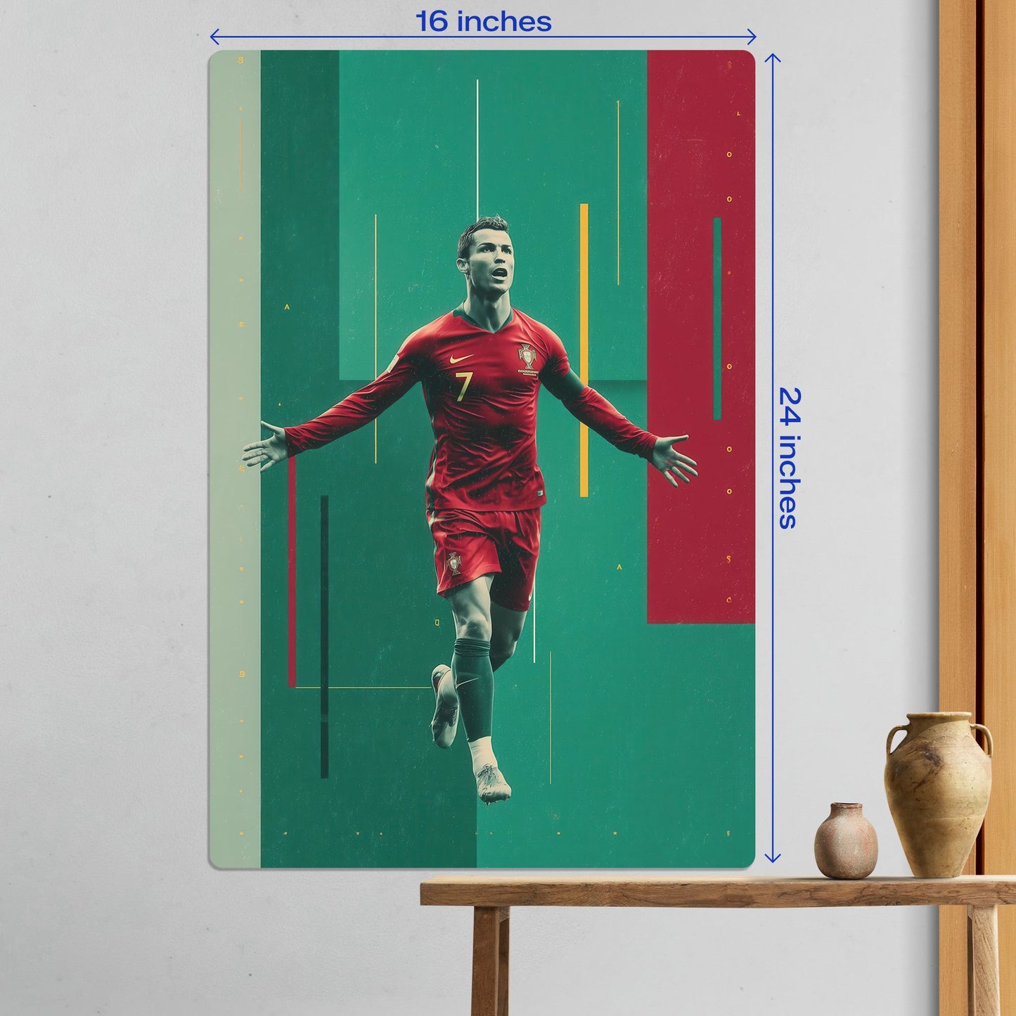 Large size Cristiano Ronaldo Portugal football legend metal poster measuring 16 by 24 inches for wall decor