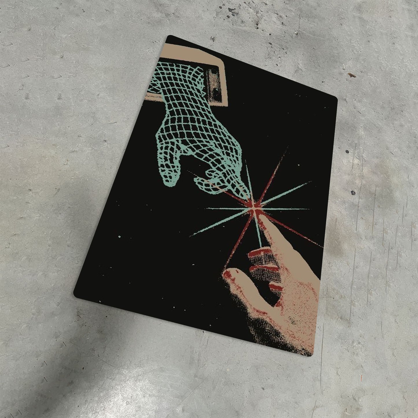 Digital Creation of Adam metal poster featuring wireframe and human hands touching in space on a grey concrete background.