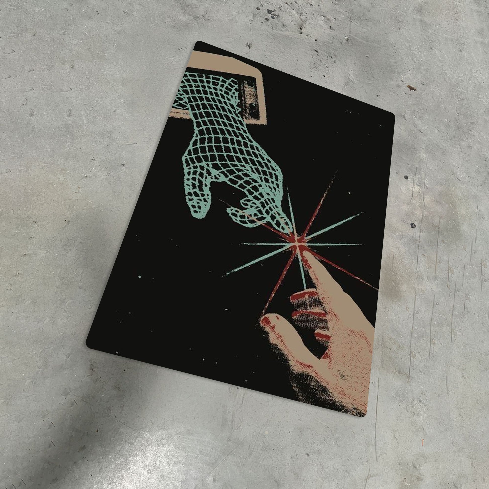 Digital Creation of Adam metal poster featuring wireframe and human hands touching in space on a grey concrete background.