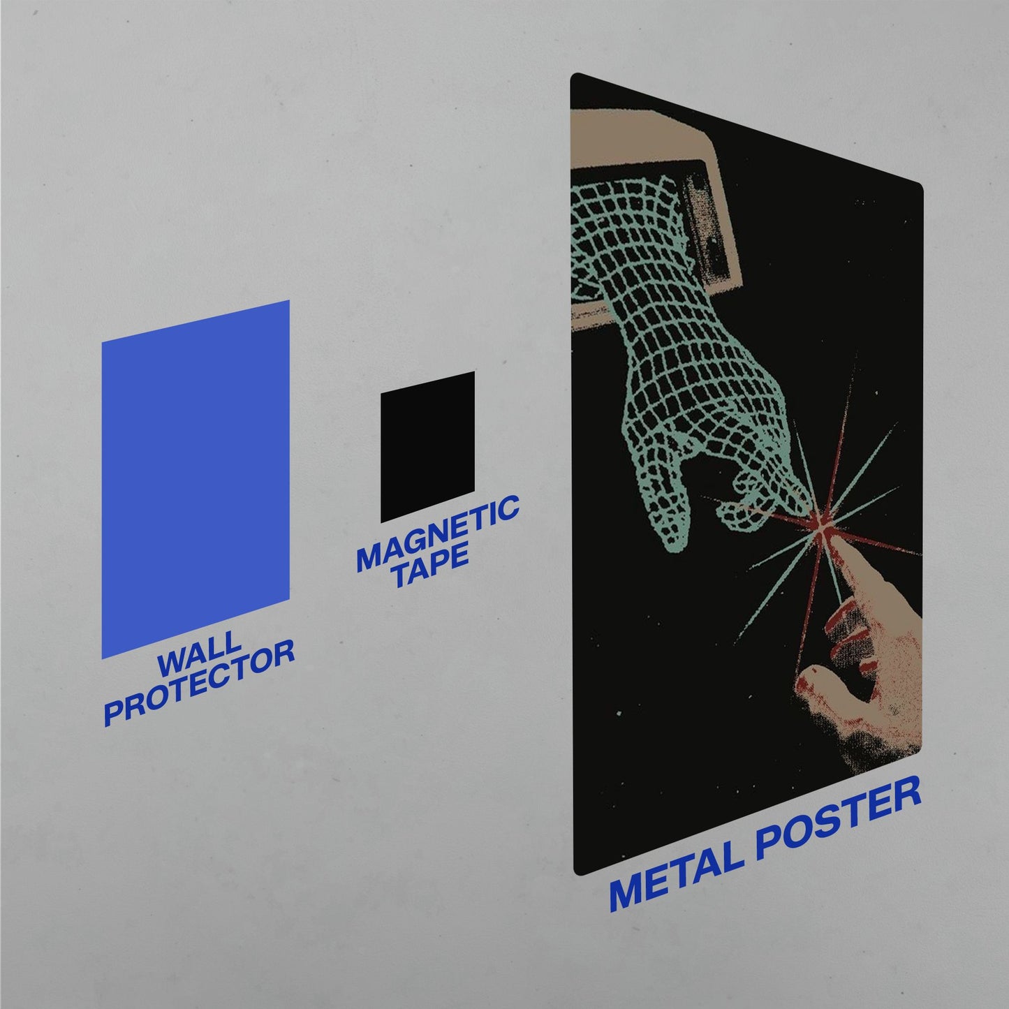 Installation kit for metal posters including a blue wall protector and a black magnetic tape next to the space-themed artwork.