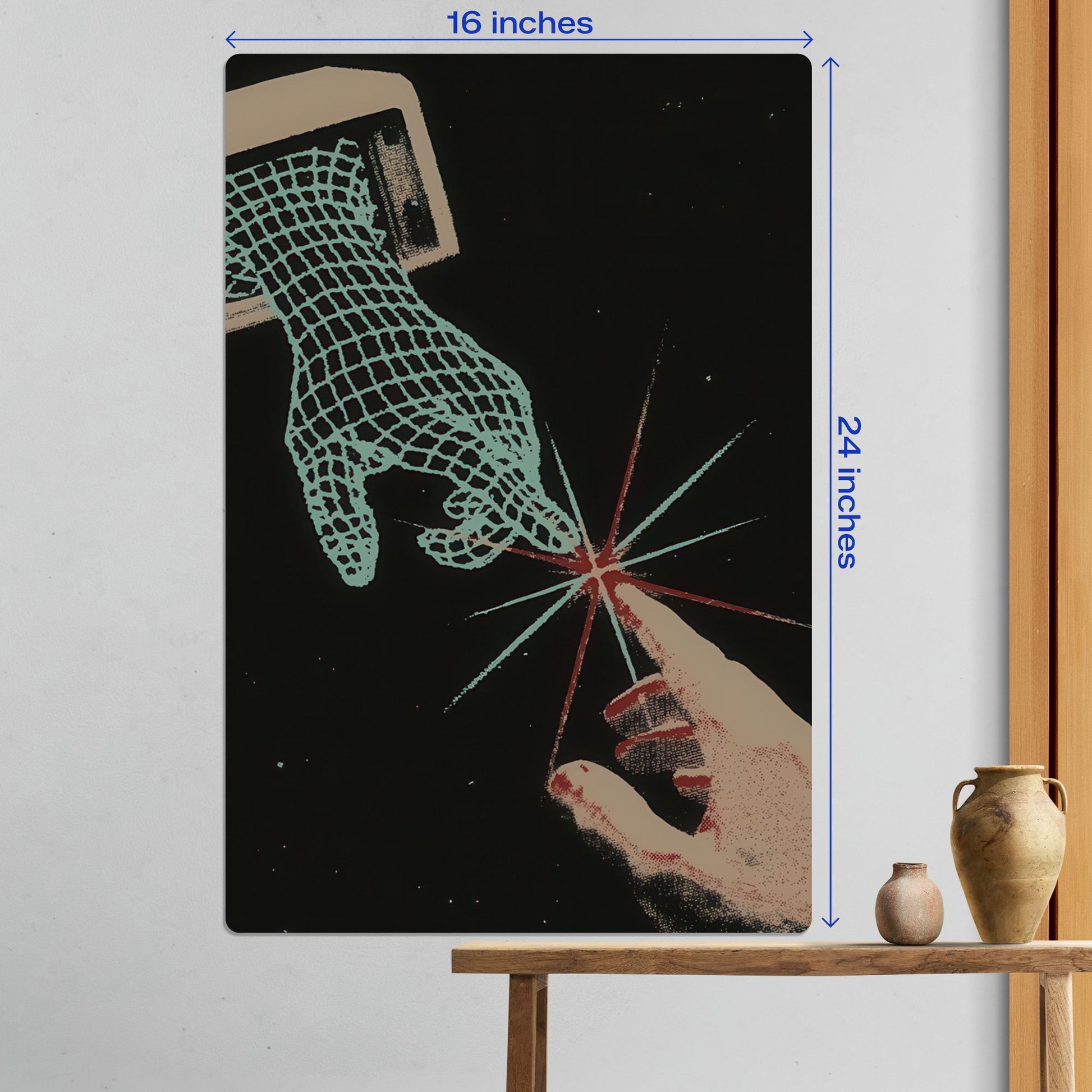 Large size Digital Creation of Adam galaxy metal poster measuring 16 by 24 inches displayed on a white wall above a wooden table.