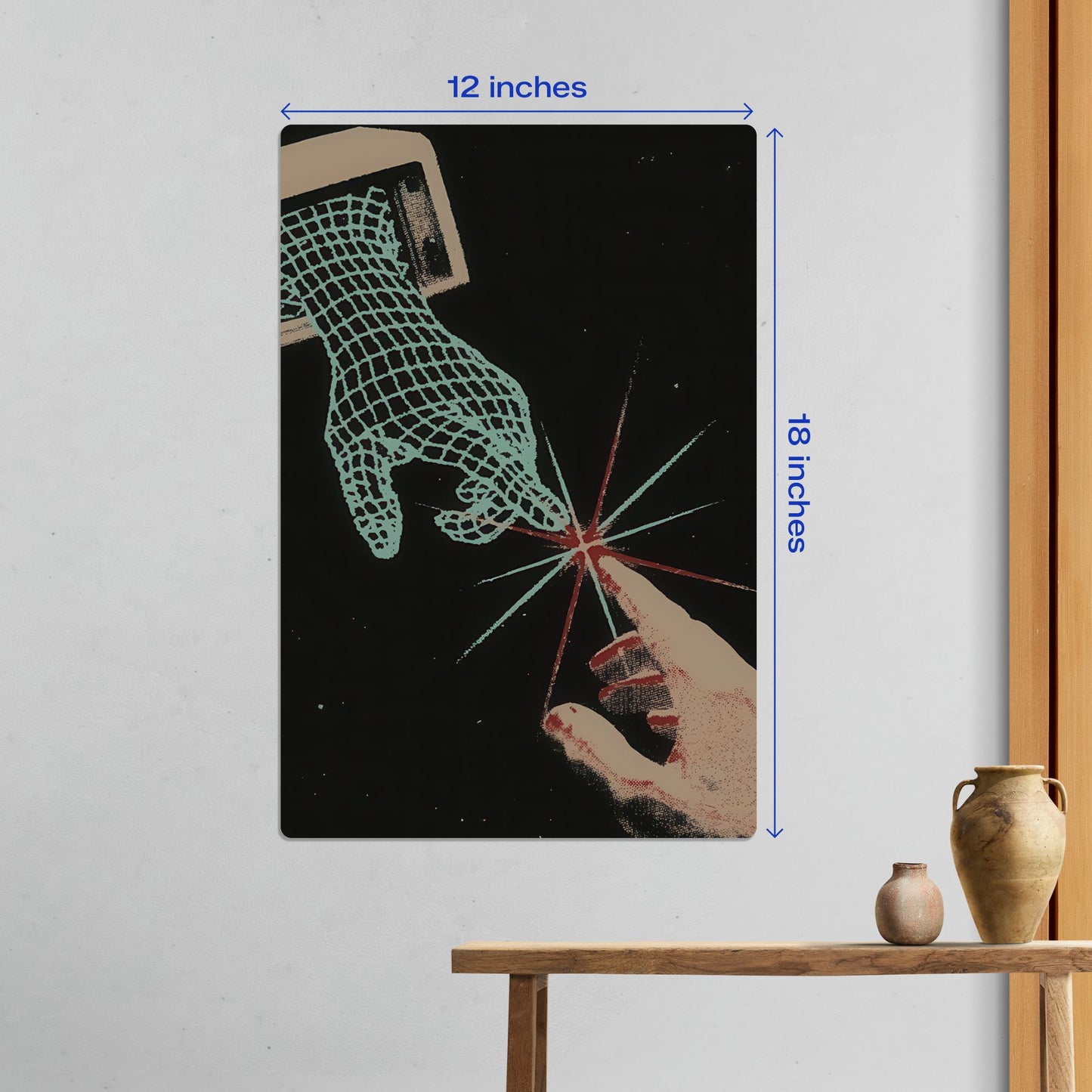 Medium size Digital Creation of Adam galaxy metal poster measuring 12 by 18 inches as a centerpiece in a modern room setting.