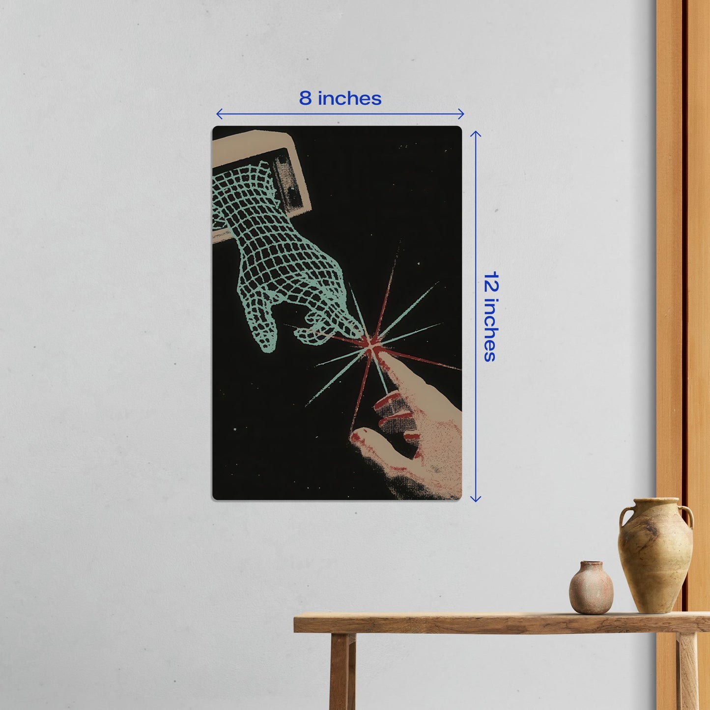 Small size Digital Creation of Adam galaxy metal poster measuring 8 by 12 inches hanging on a minimalist white wall.
