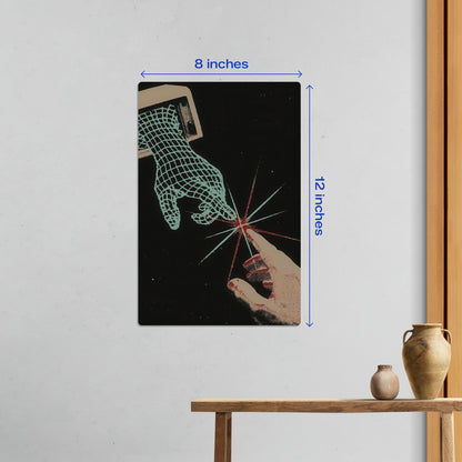 Small size Digital Creation of Adam galaxy metal poster measuring 8 by 12 inches hanging on a minimalist white wall.