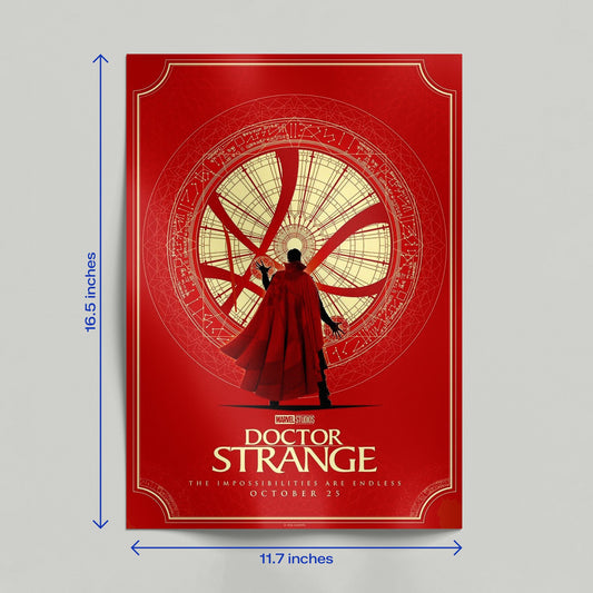 A person holding a physical copy of a red Marvel Studios Doctor Strange movie poster featuring the Cloak of Levitation and mystic arts symbols.