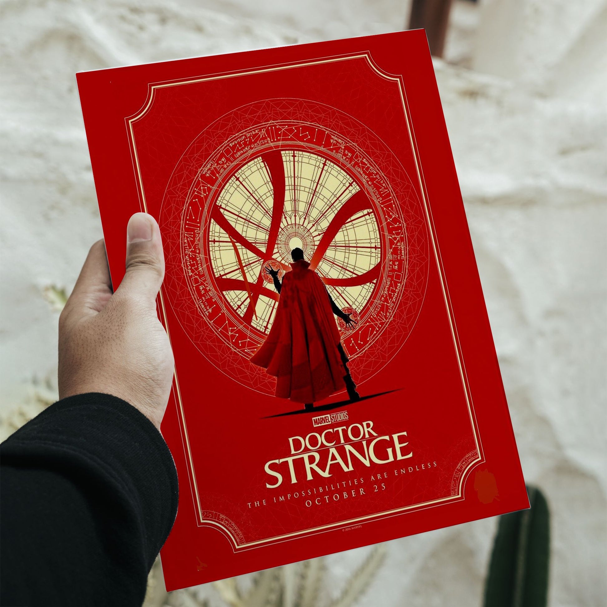 Marvel Studios Doctor Strange movie poster featuring the Sanctum Sanctorum window and mystic time circle on a red background measuring 16.5 by 11.7 inches.
