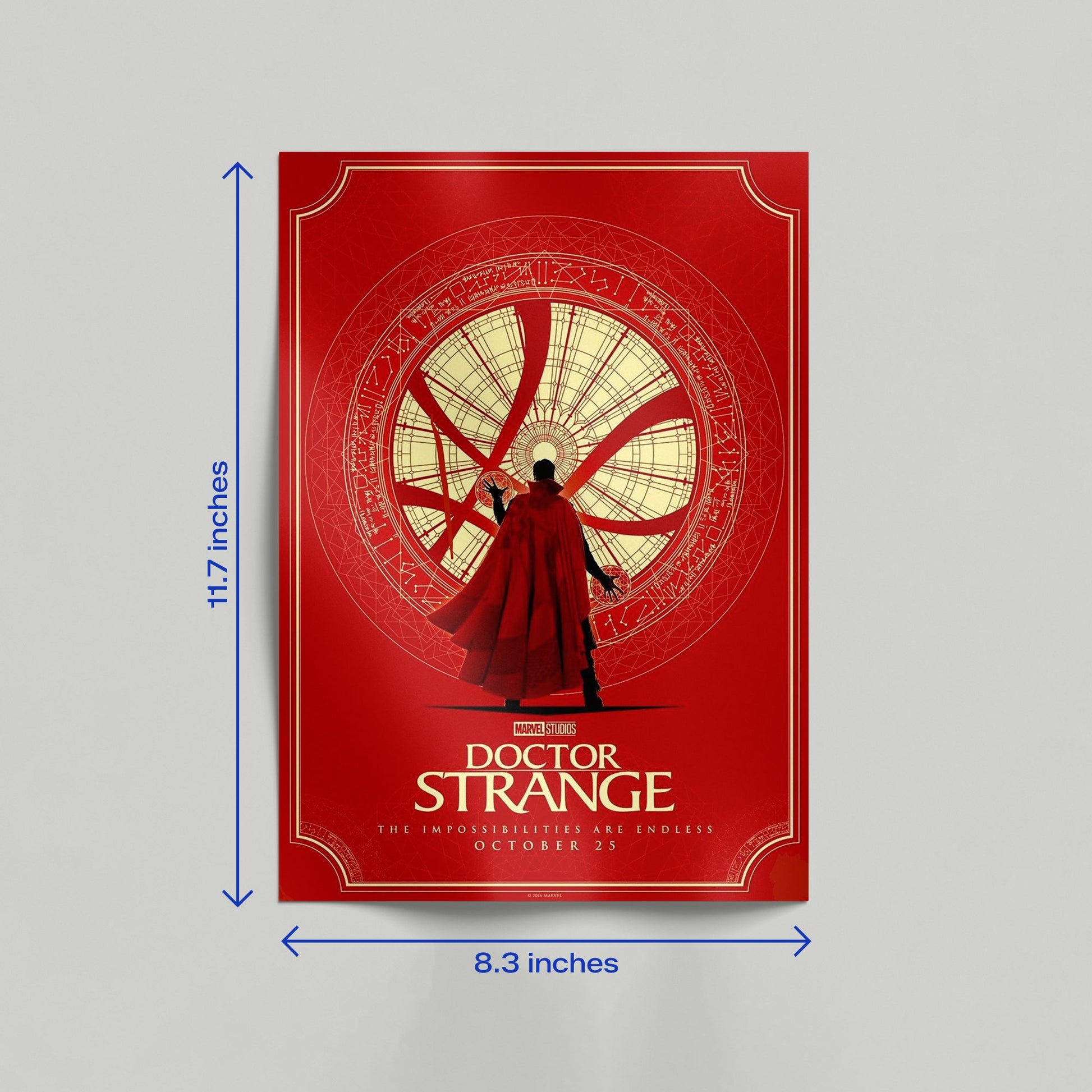 A high-quality print of the red Doctor Strange movie poster with the tagline The Impossibilities Are Endless leaning against a neutral-toned wall.