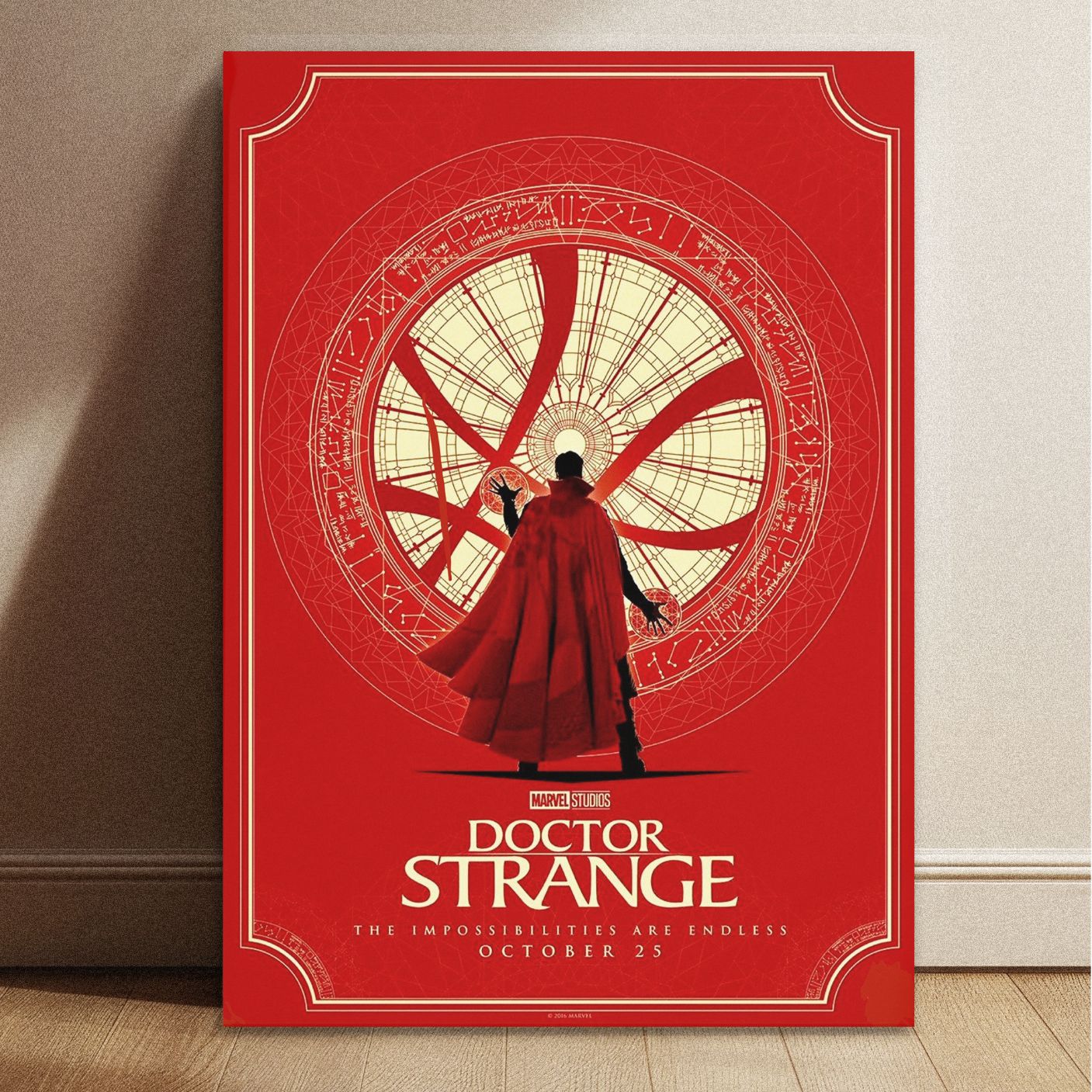 Vertical Marvel Studios Doctor Strange movie poster with red and gold mystic circular graphics and character silhouette measuring 11.7 by 8.3 inches.