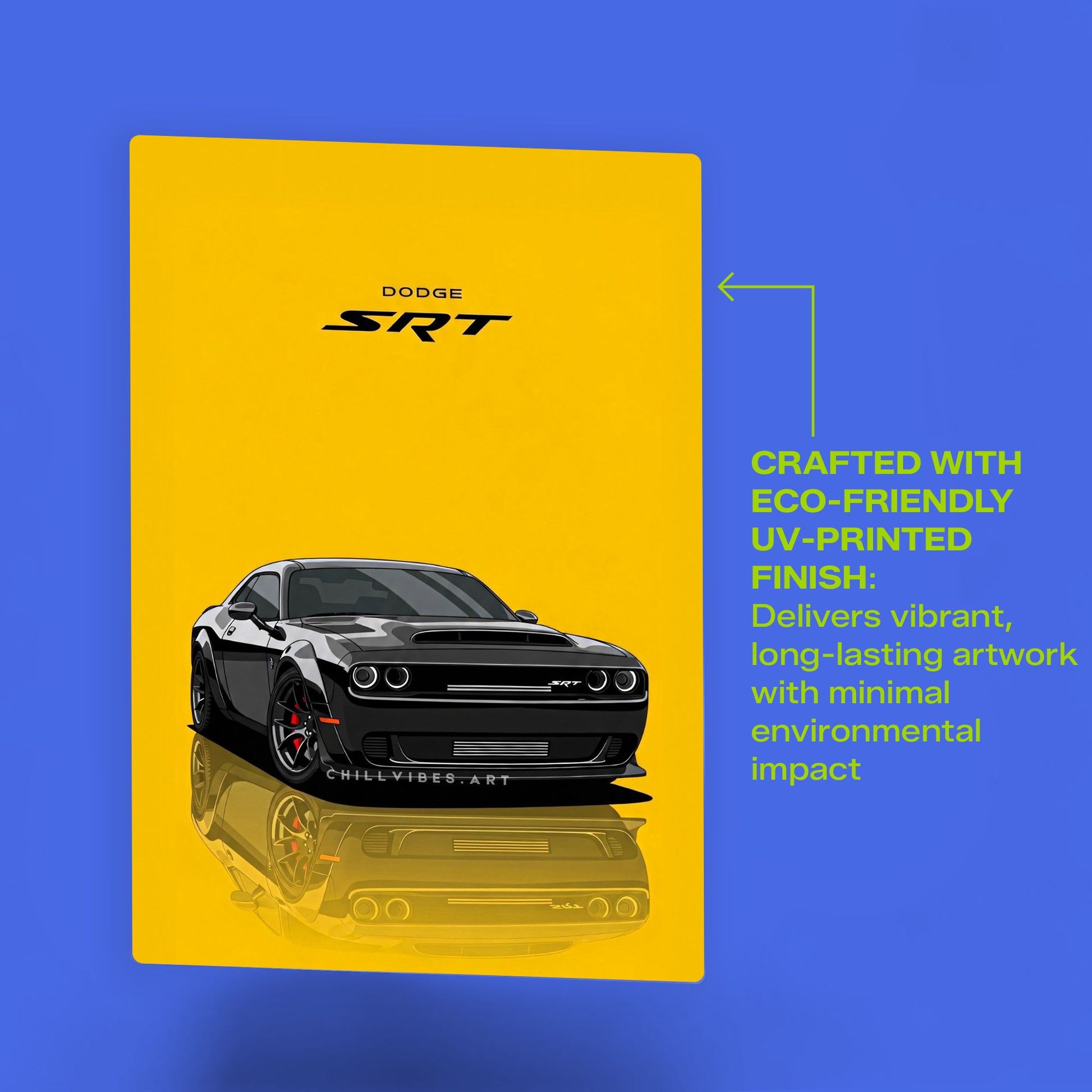 Dodge Challenger SRT muscle car metal poster with eco-friendly UV-printed finish featuring a black car on a bright yellow background.