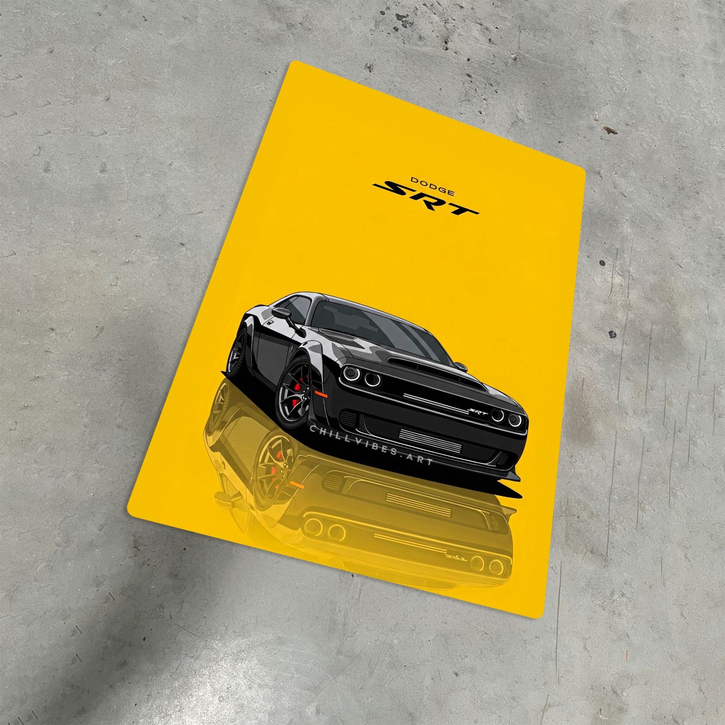 Dodge Challenger SRT muscle car minimalist metal poster artwork on a grey concrete surface with a vibrant yellow background and black car illustration.