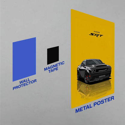 Diagram showing the easy installation process for a Dodge Challenger SRT metal poster using a wall protector and magnetic tape.