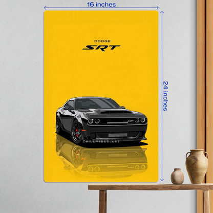 Large size Dodge Challenger SRT metal poster measuring 16 inches by 24 inches displayed on a white wall above a wooden table.