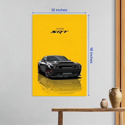 Medium size Dodge Challenger SRT metal poster measuring 12 inches by 18 inches displayed as minimalist automotive wall art.