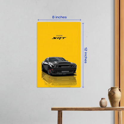 Small size Dodge Challenger SRT metal poster measuring 8 inches by 12 inches shown as wall decor above a wooden console table.