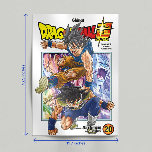 Hand holding a Dragon Ball Super manga cover poster with vibrant action-packed artwork of Goku and Bardock.