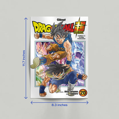 Vintage Dragon Ball Super manga art print leaning against a wall in a clean home interior.