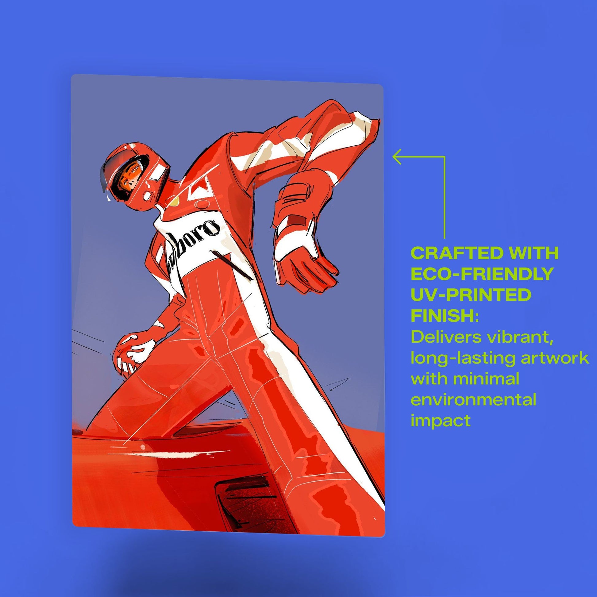 f1 driver in red marlboro racing suit standing on car metal poster with eco friendly uv printed finish text