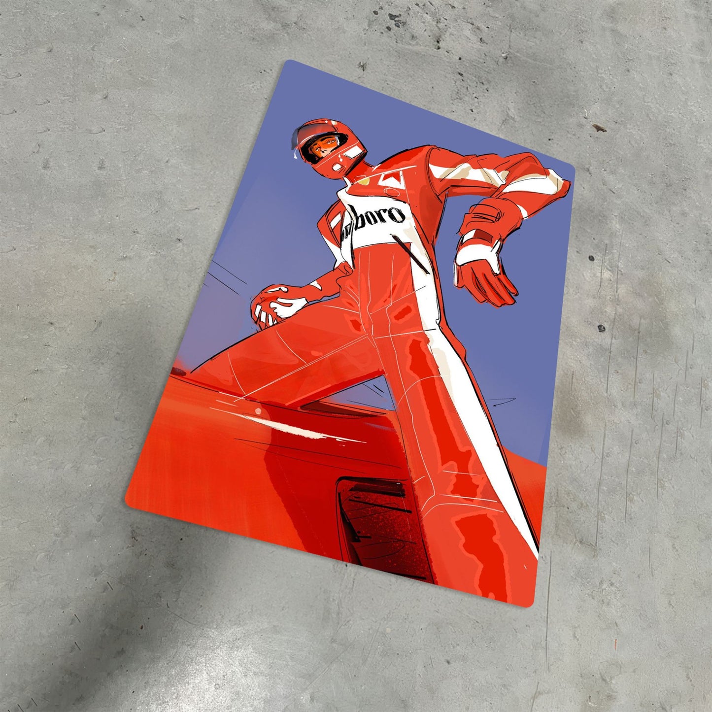 f1 driver wearing red marlboro racing suit standing on car metal poster on concrete floor
