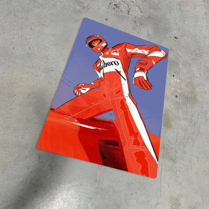f1 driver wearing red marlboro racing suit standing on car metal poster on concrete floor