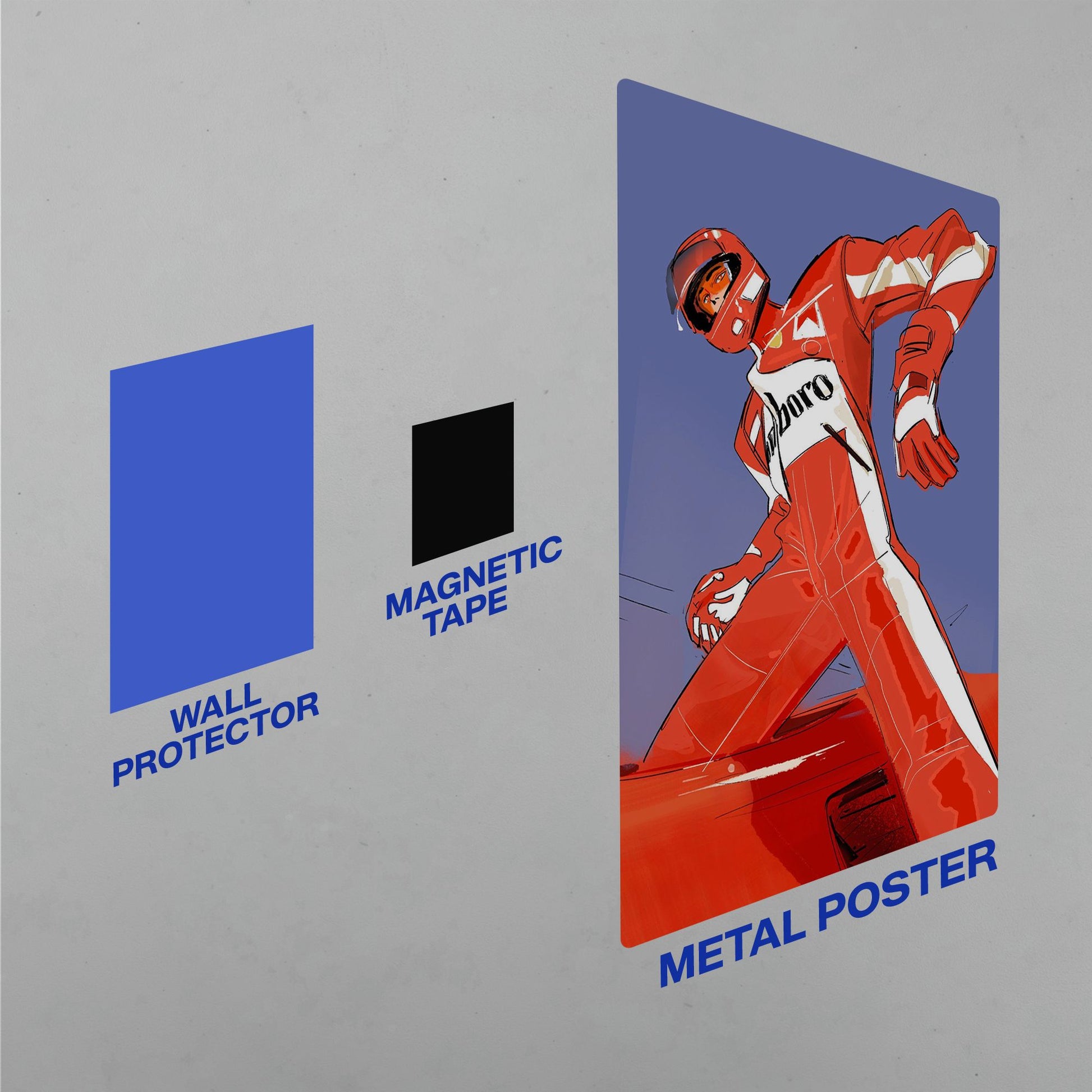 f1 driver in red marlboro racing suit standing on car metal poster with wall protector and magnetic tape mounting kit